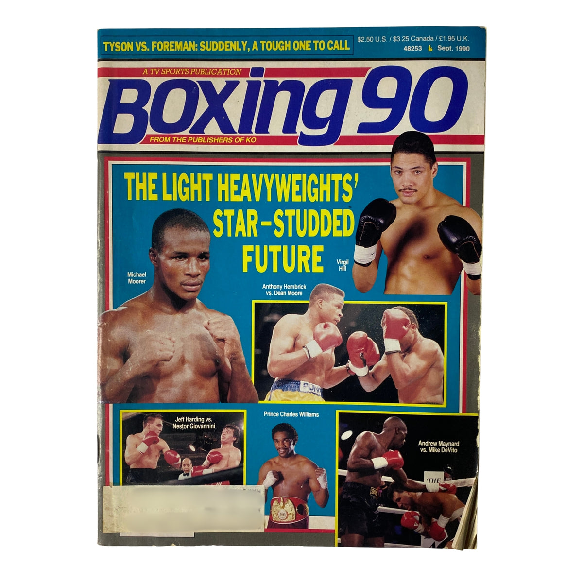 Cover of Boxing 90 Magazine, September 1990 featuring Michael Moorer, Virgil Hill, and Dean Moore, highlighting the future of the light heavyweight division.