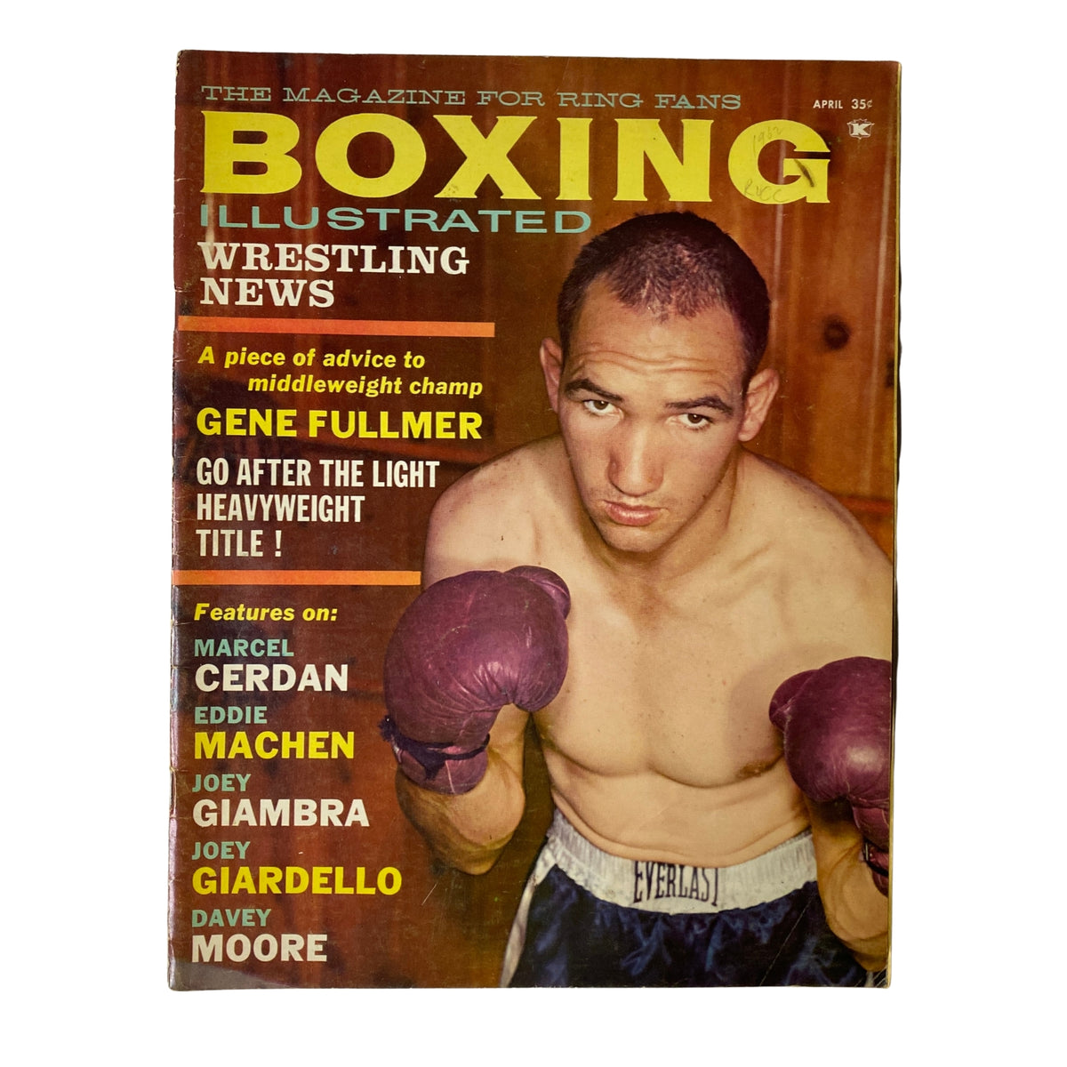 Boxing Illustrated Magazine April 1962 featuring Gene Fullmer on the cover, showcasing boxing highlights and articles related to wrestling news.