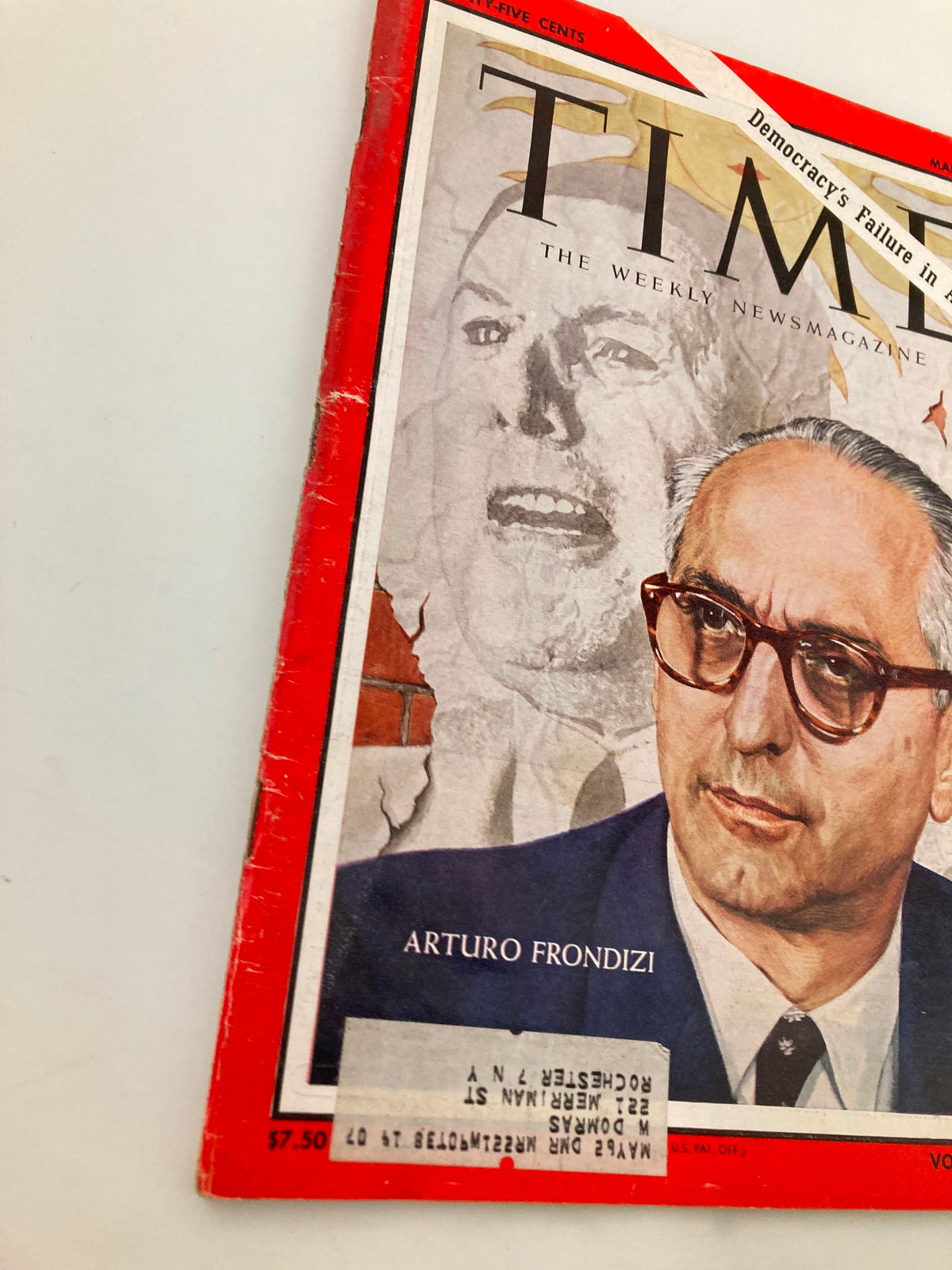 Cover of VTG Time Magazine March 30 1962 Vol 79 #13 featuring Arturo Frondizi, the Argentine President. The magazine showcases the influential leader amidst an intricate political backdrop of the early 1960s.