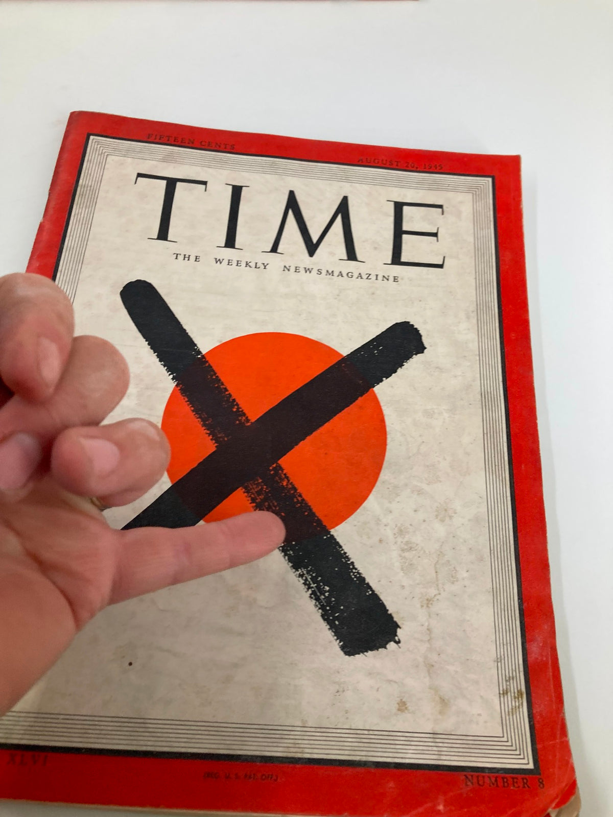 Cover of VTG Time Magazine August 20 1945 featuring the striking design with a bold red circle and black cross, representing the theme "X Marks Japan". This vintage issue is from Volume 46, Number 8.