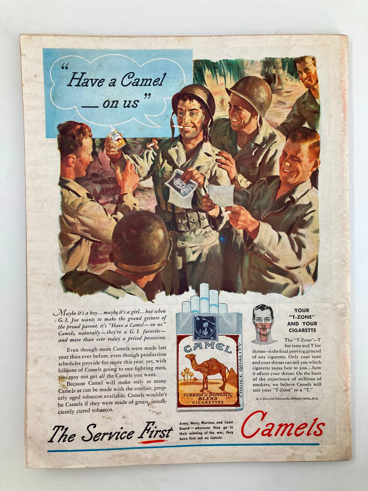 Vintage advertisement from Time Magazine August 20, 1945 featuring soldiers, captioned 'Have a Camel on us', promoting Camel cigarettes.