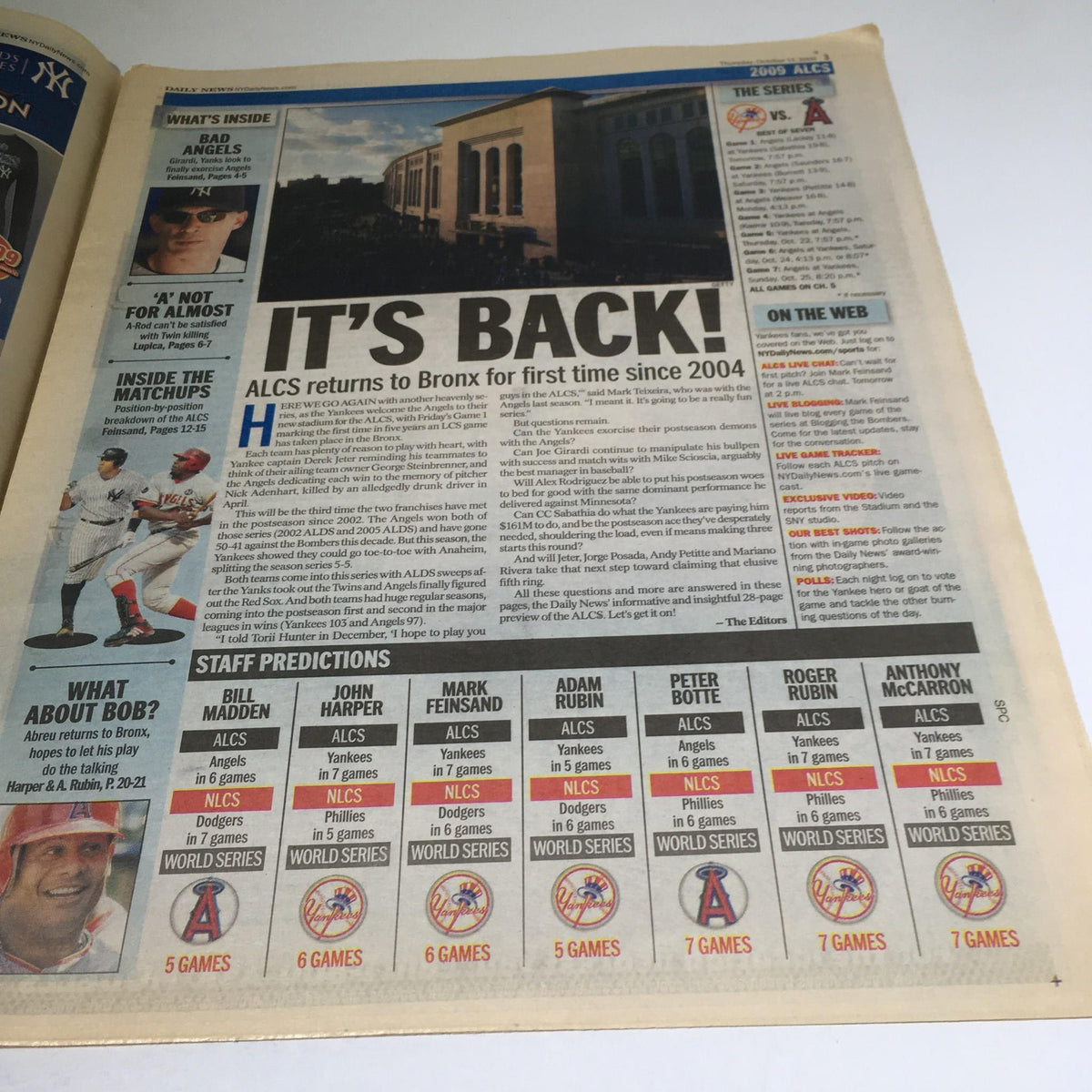 Inside page of NY Daily News from October 15, 2009, highlighting the ALCS series predictions and matchups with a focus on the Yankees and Angels.