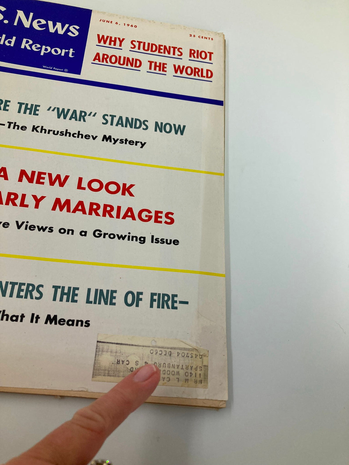 Cover of US News & World Report Magazine dated June 6, 1960, featuring the title 'Where The War Stands Now' and additional articles including 'Why Students Riot Around the World' and 'A New Look at Early Marriages'. The magazine displays signs of vintage wear and an authenticity label.