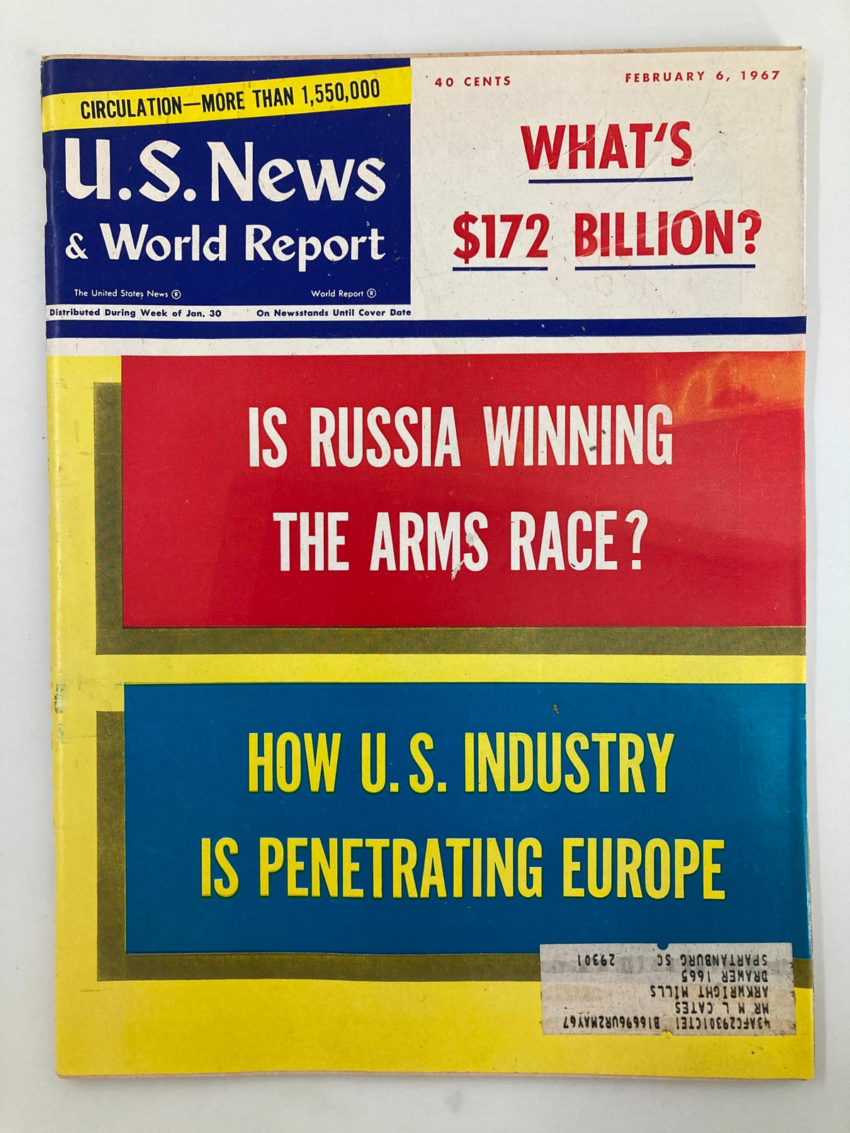 Cover of US News & World Report Magazine February 6, 1967 featuring the question 'Is Russia Winning The Arms Race?' and insights on U.S. industry in Europe.