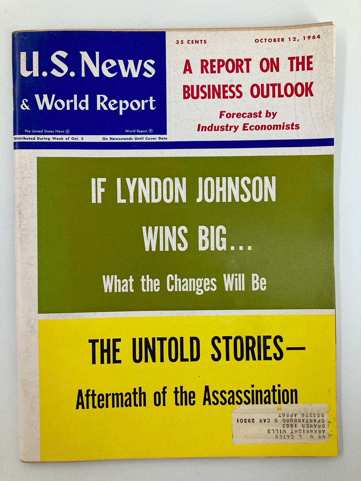 Cover of US News & World Report Magazine from October 12, 1964, featuring the headline "If Lyndon Johnson Wins Big..." and additional text about untold stories and the aftermath of the assassination.