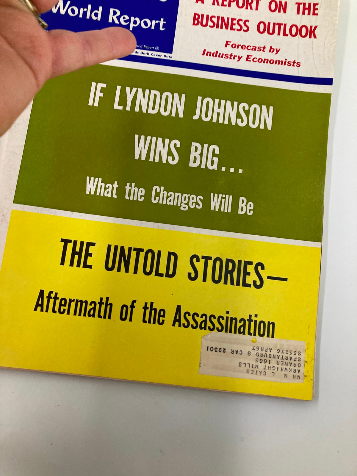 Close-up of the cover of US News & World Report Magazine from October 12, 1964, highlighting the headline "If Lyndon Johnson Wins Big..." and the section about the aftermath of the assassination.