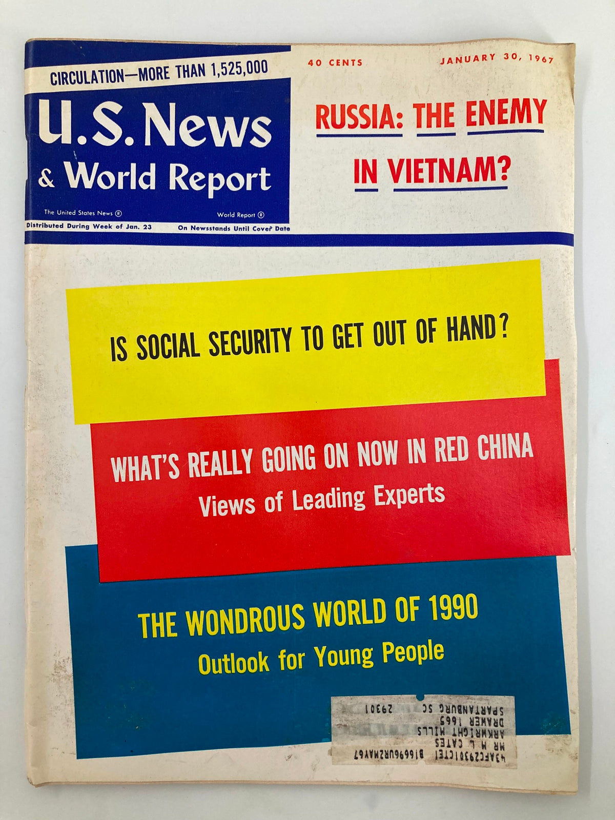 Cover of US News & World Report Magazine dated January 30, 1967, featuring the headline 'Russia: The Enemy in Vietnam?' with additional articles listed on the cover.