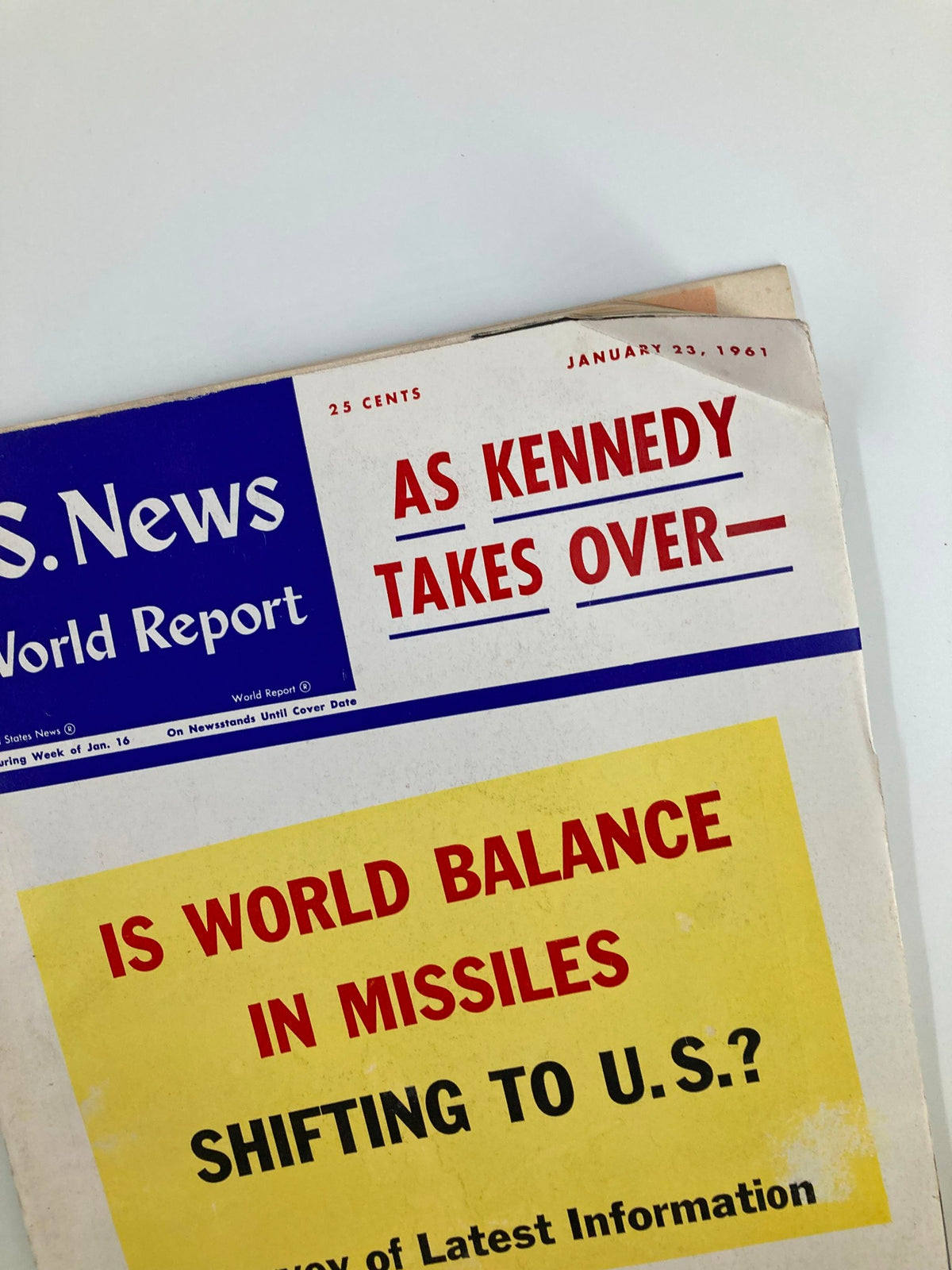 Close-up of the US News & World Report Magazine cover dated January 23, 1961, highlighting 'As Kennedy Takes Over' along with a prominent question about missile balance shifting to the U.S.