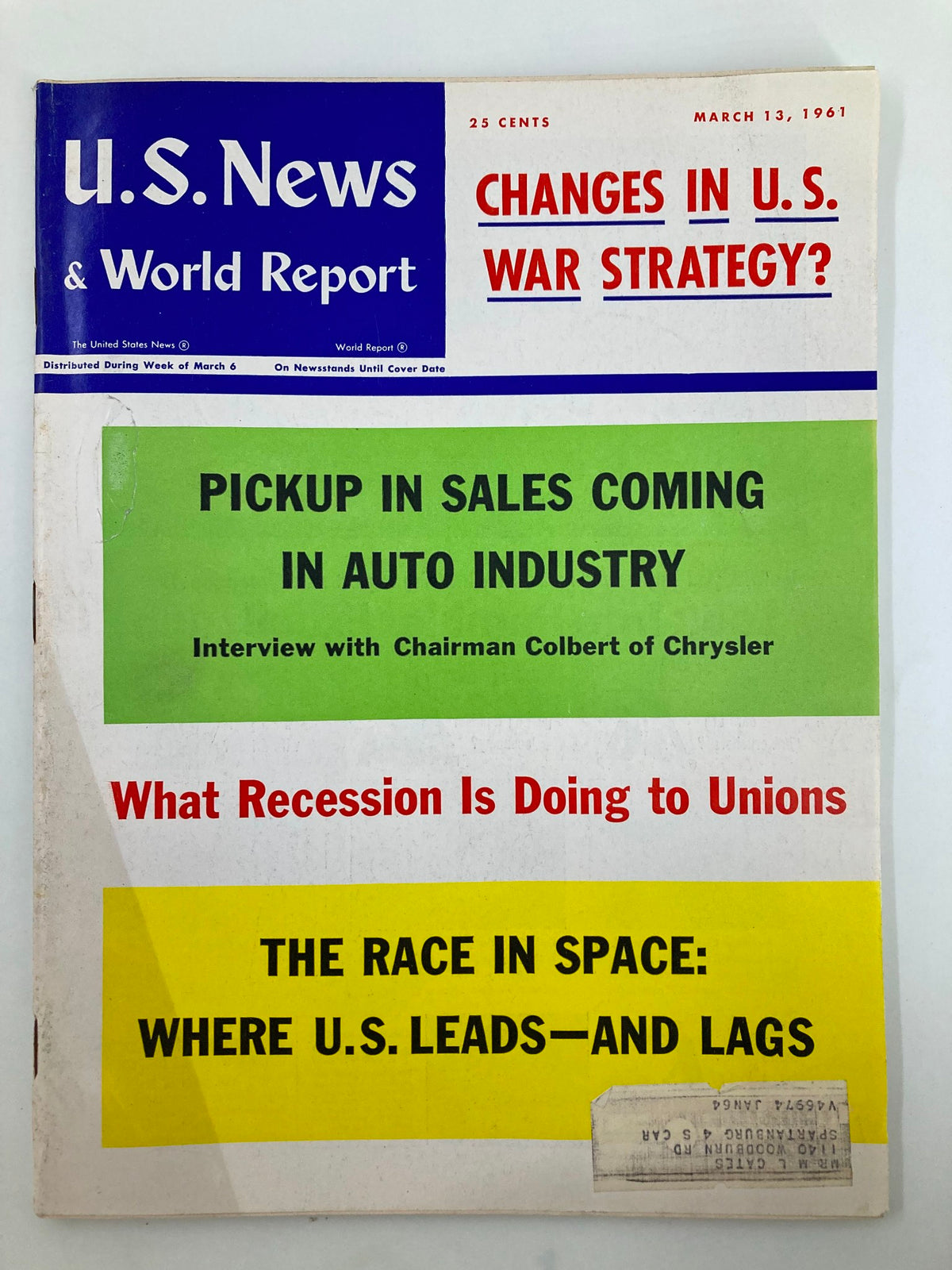 Cover of US News & World Report Magazine from March 13, 1961, featuring the title 'Changes in U.S. War Strategy?' and key articles on auto industry sales, recession impacts, and the space race.