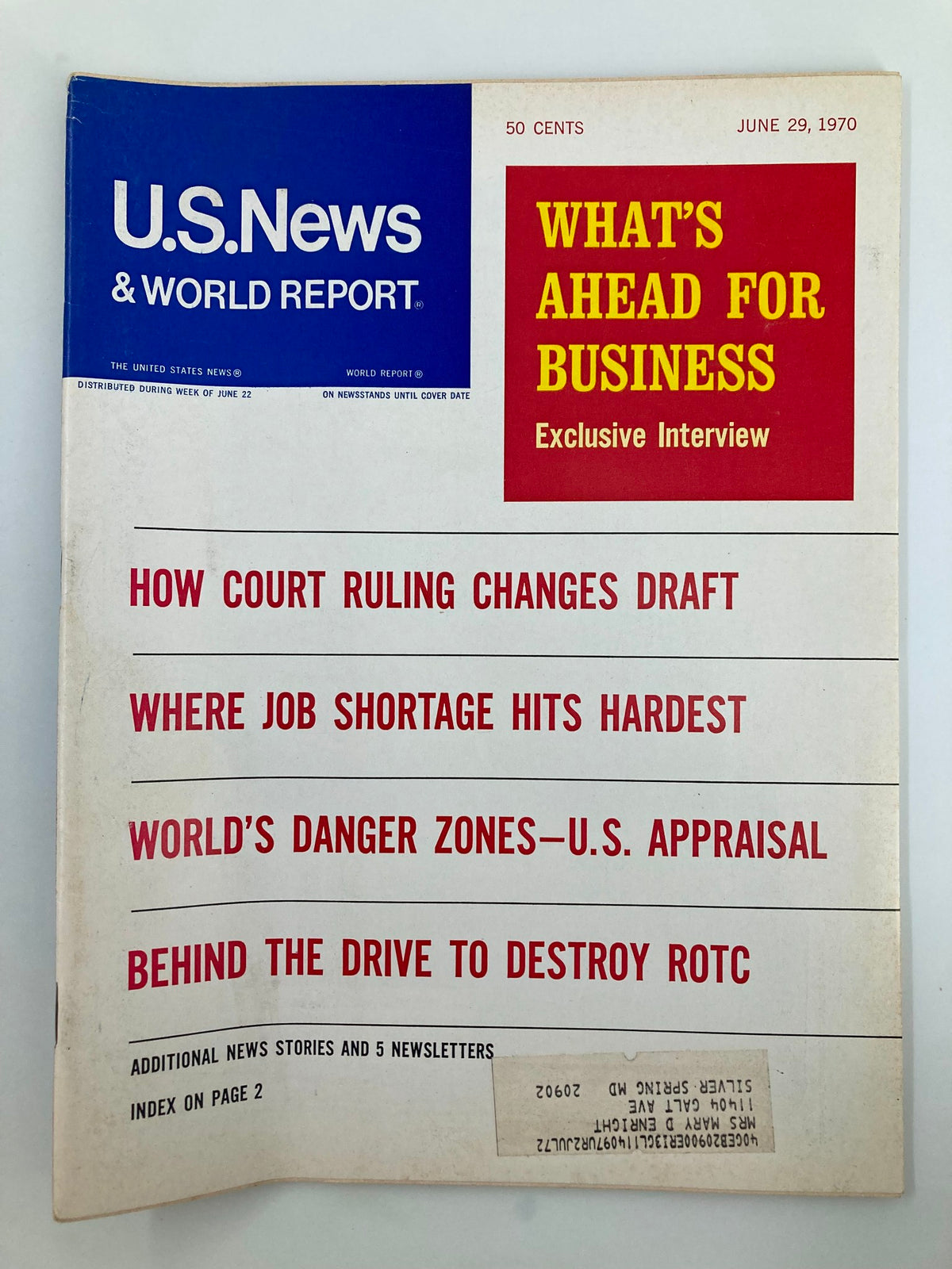 Cover of US News & World Report Magazine from June 29, 1970 featuring the headline 'How Court Ruling Changes Draft' alongside other topics such as job shortages and world appraisal.