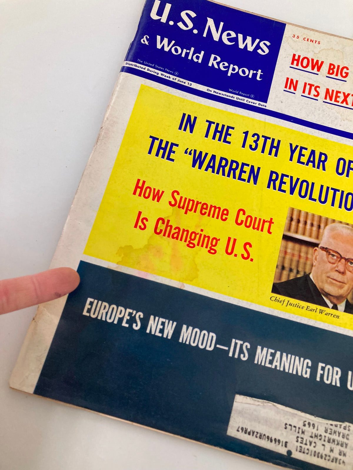 Cover of US News & World Report Magazine June 20, 1966, featuring the headline 'How Supreme Court Is Changing U.S.' and a photo of Chief Justice Earl Warren.