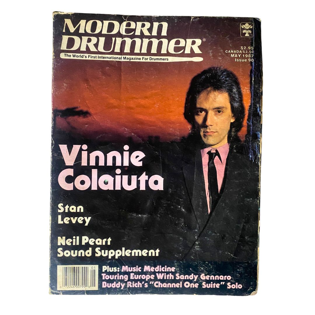 Cover of Modern Drummer Magazine May 1987 Issue 90 featuring drummer Vinnie Colaiuta, highlighting his contributions to the drumming community.