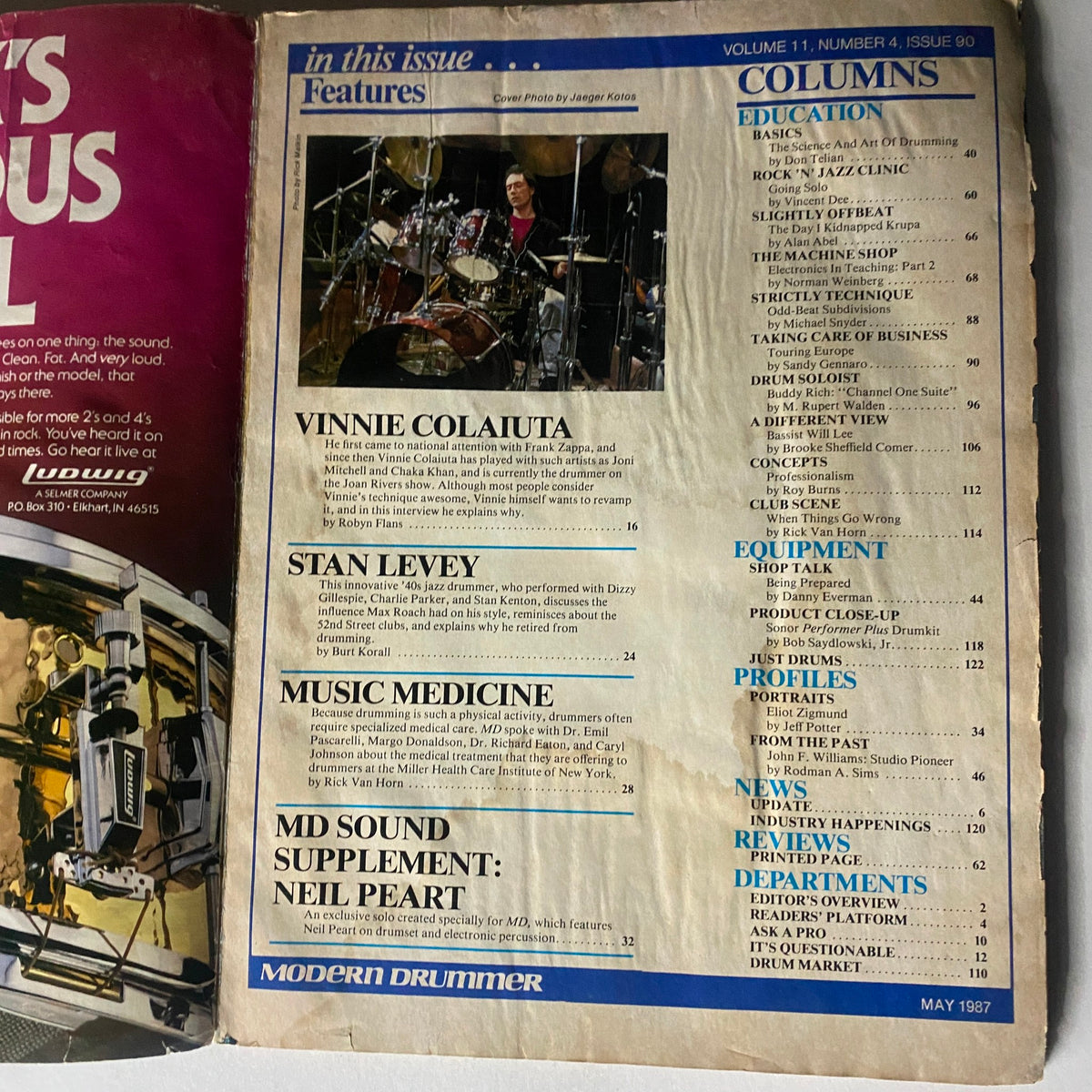 Contents page of Modern Drummer Magazine May 1987 Issue 90 showcasing features including Vinnie Colaiuta, Stan Levey, and Neil Peart.