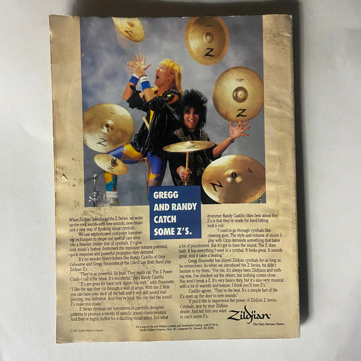 Back cover of Modern Drummer Magazine May 1987 Issue 90 featuring a promotion for Zildjian cymbals with musicians Gregg Bissonette and Randy Castillo.