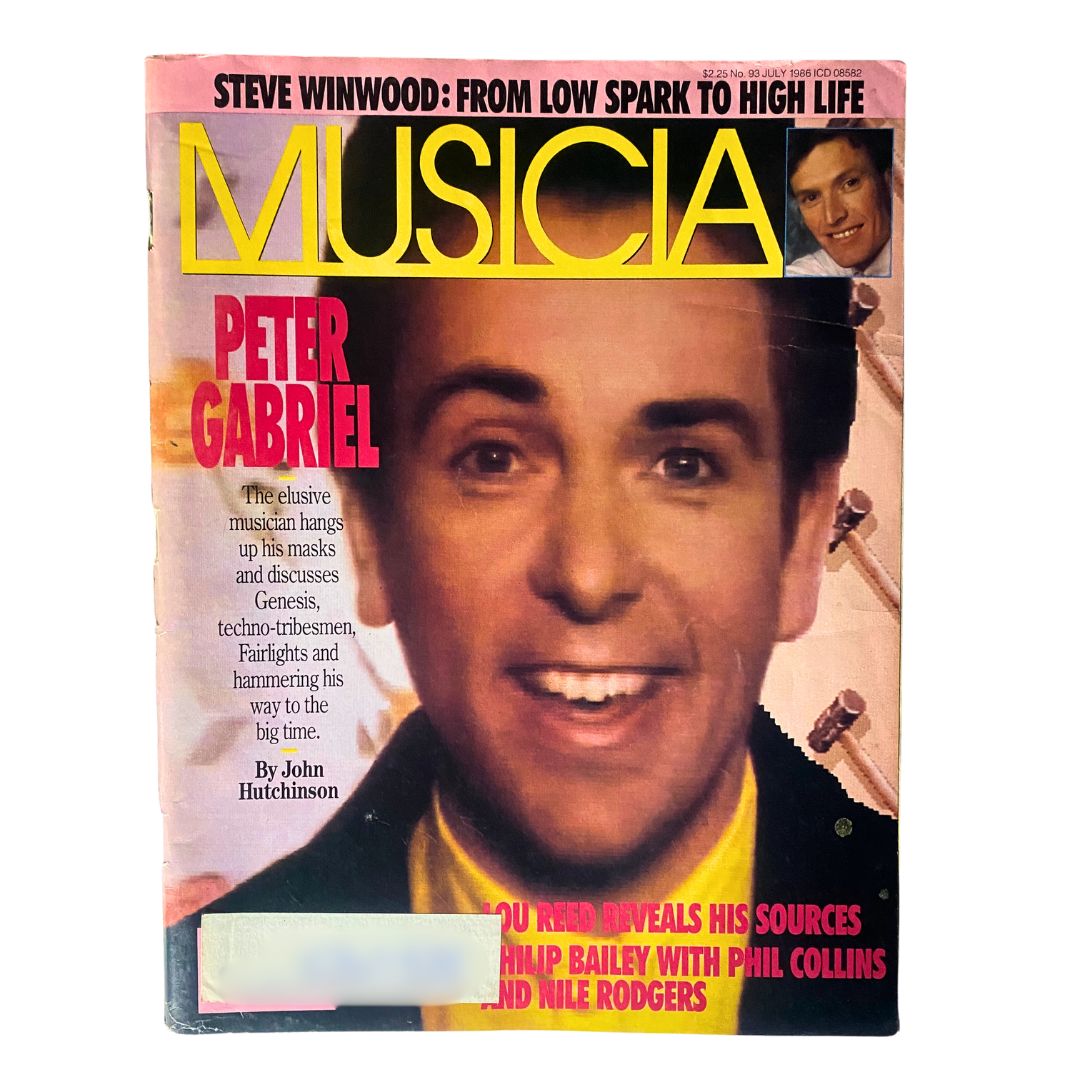 Cover of Musician Magazine July 1986, featuring Peter Gabriel. This issue includes insights on music evolution and interviews with iconic artists like David Bowie and Ringo Starr.
