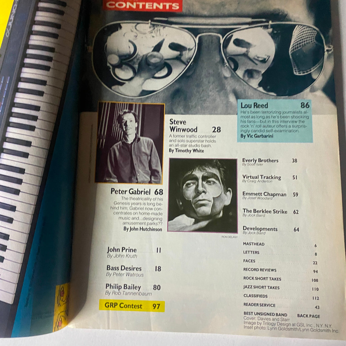 Contents page of Musician Magazine July 1986 highlighting Peter Gabriel's feature article. The magazine includes notable interviews and articles from the mid-80s music scene.