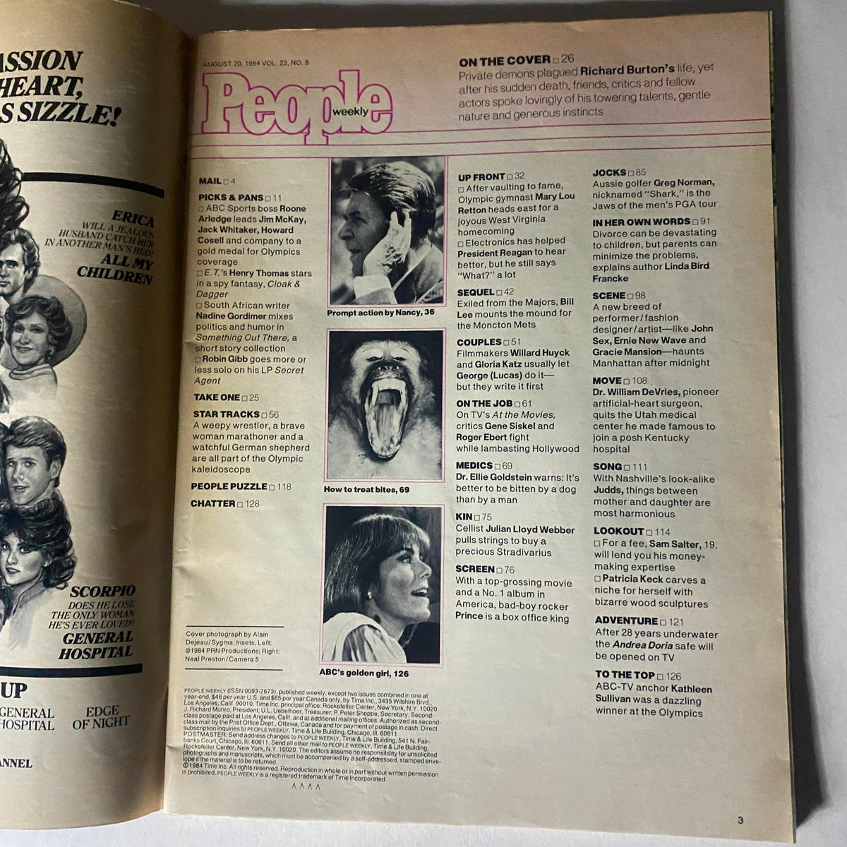 Inside page of Vintage People Weekly Magazine dated August 20, 1984, Volume 22, Number 8, showcasing the table of contents including featured articles about celebrity culture, events, and Richard Burton.