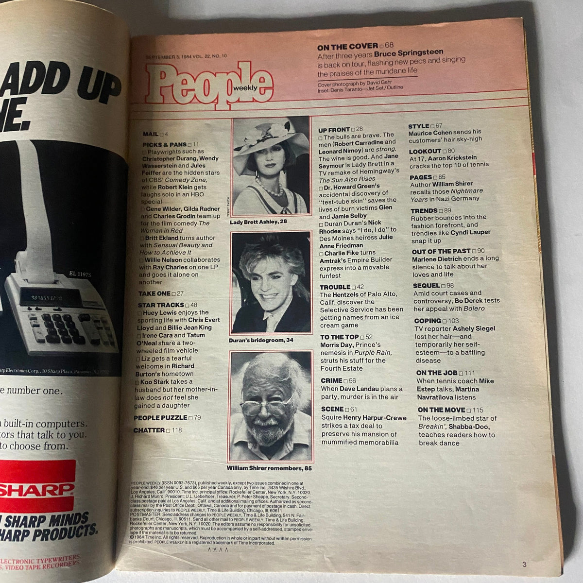 Inside page of VTG People Weekly Magazine September 3, 1984, displaying contents including an article about Bruce Springsteen and other celebrity features.