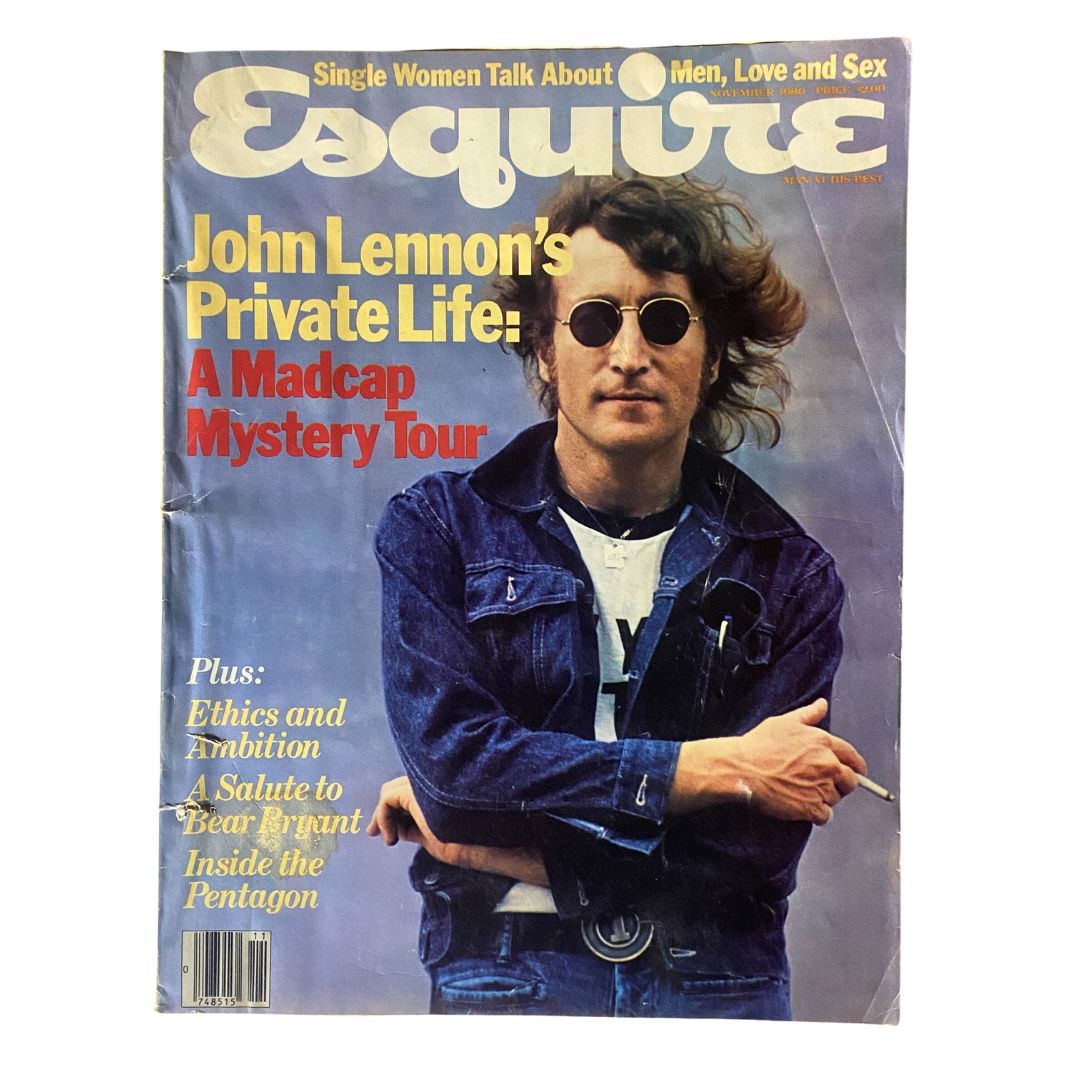 Esquire Magazine November 1980 featuring John Lennon on the cover, showcasing a photo of Lennon wearing sunglasses and a denim jacket, reflecting the culture of the late 1970s and early 1980s.