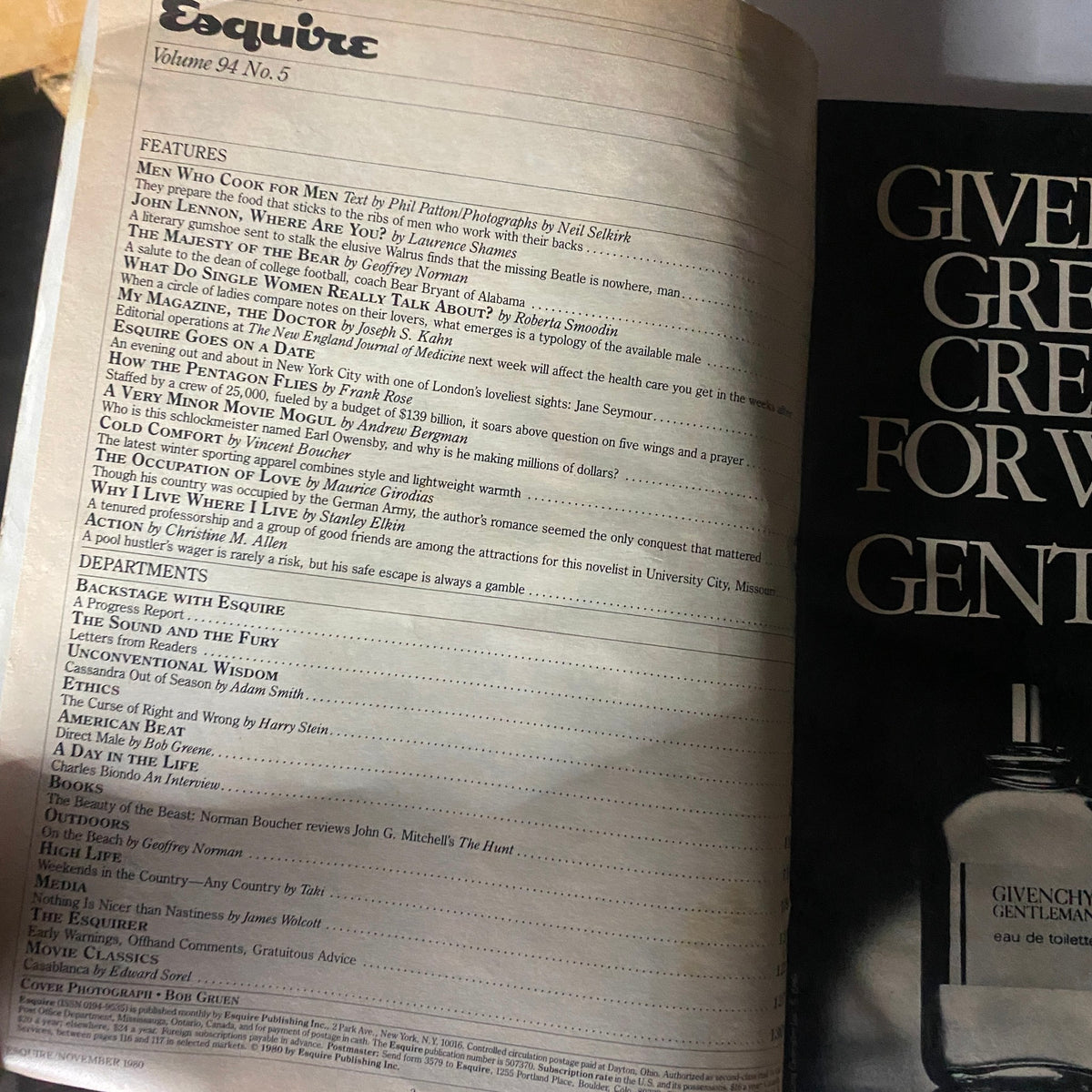 Interior page from Esquire Magazine November 1980, Volume 94 No. 5 featuring the table of contents and articles, with a focus on cultural commentary and John Lennon.