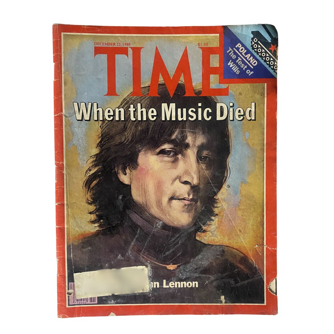 Cover of VTG Time Magazine dated December 22, 1980 featuring John Lennon, article titled 'When The Music Died', showcasing a portrait of the iconic musician.