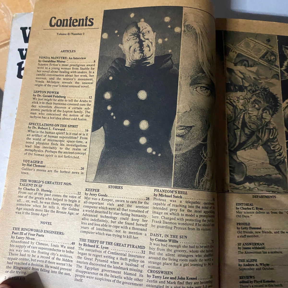 Contents page of Galileo Magazine of Science & Fiction, November 1979 #15 showcasing articles including 'Lepton Power,' 'Speculations on the Spirit,' and 'The Ringworld Engineers.' Featuring illustrations and details about the issue's featured stories.