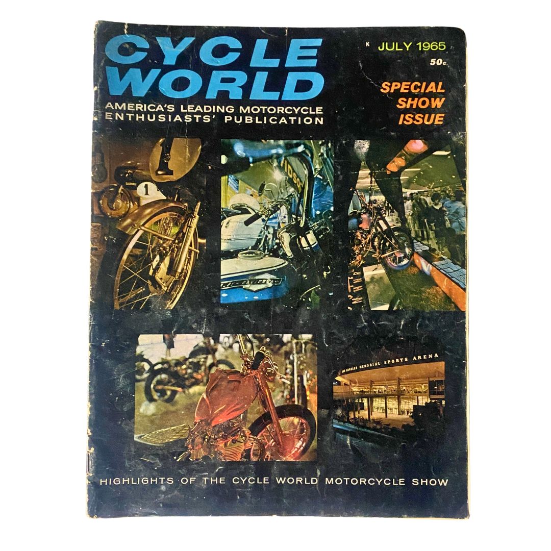 Cover of VTG Cycle World Magazine July 1965, showcasing motorcycle highlights from the Cycle World Motorcycle Show, featuring stunning photography and a nostalgic look at the era.