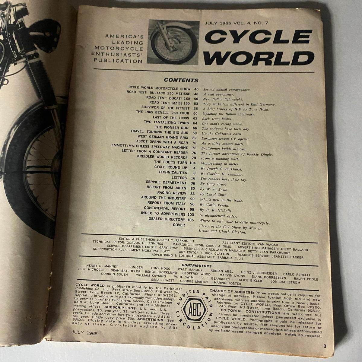 Contents page of VTG Cycle World Magazine July 1965, detailing various articles and features relevant to motorcycle enthusiasts in volume 4, number 7.
