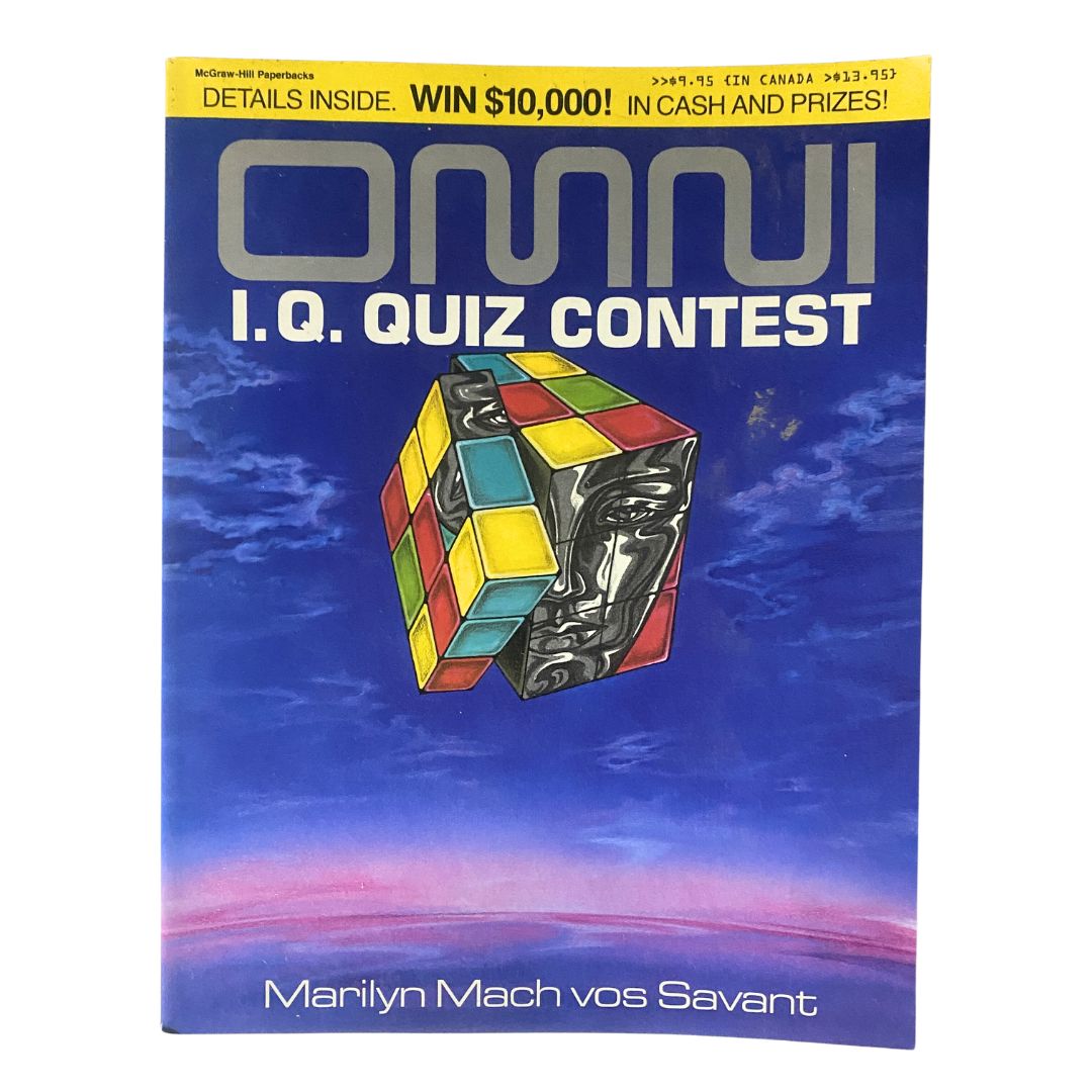 Cover of the 1985 Omni I.Q. Quiz Contest Book by Marilyn Vos Savant, featuring a colorful Rubik's Cube design.