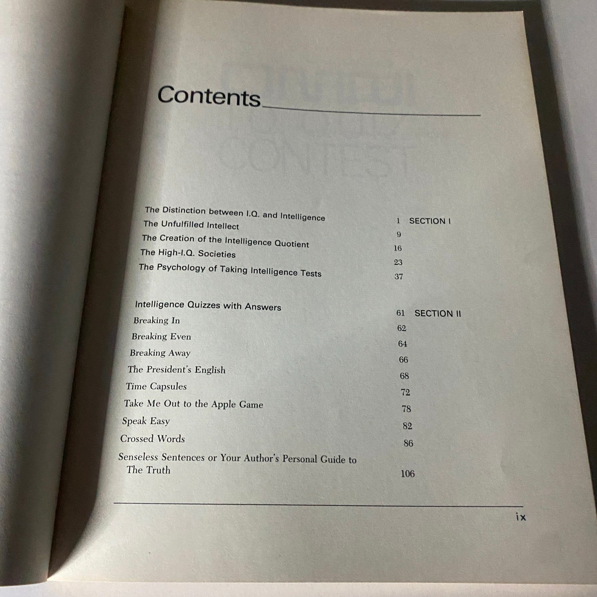 Contents page of the 1985 Omni I.Q. Quiz Contest Book by Marilyn Vos Savant, listing chapters and topics covered in the book.