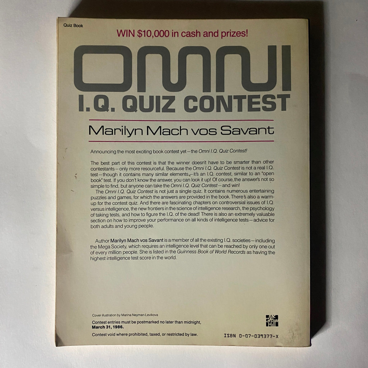 Back cover of the 1985 Omni I.Q. Quiz Contest Book by Marilyn Vos Savant, advertising prizes and providing information about the contest.