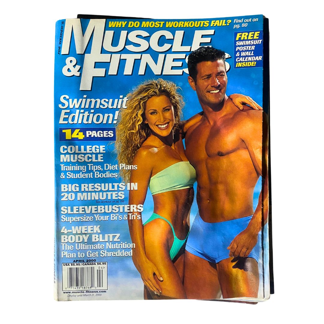 Muscle & Fitness Magazine April 2000 featuring Minna Lessig and Christian Boeving on the cover, showcasing fitness trends and swimsuit edition highlights.