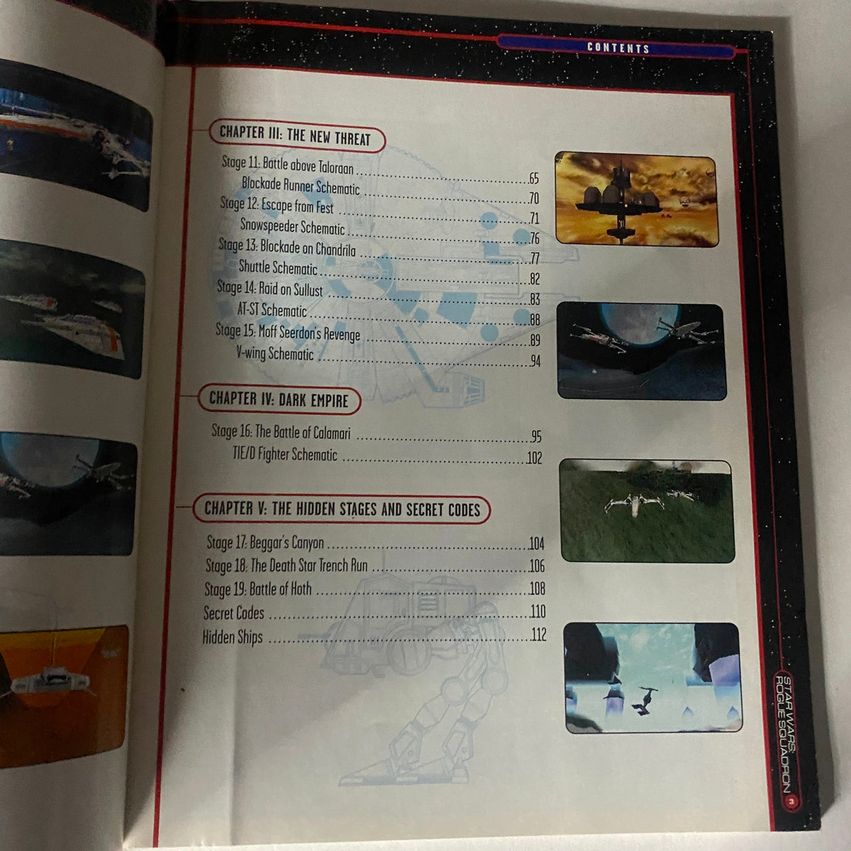 Another page from the Nintendo Power Magazine 1998 Star Wars Rogue Squadron Guide showing contents and stages, including levels and schematics for various spaceships.