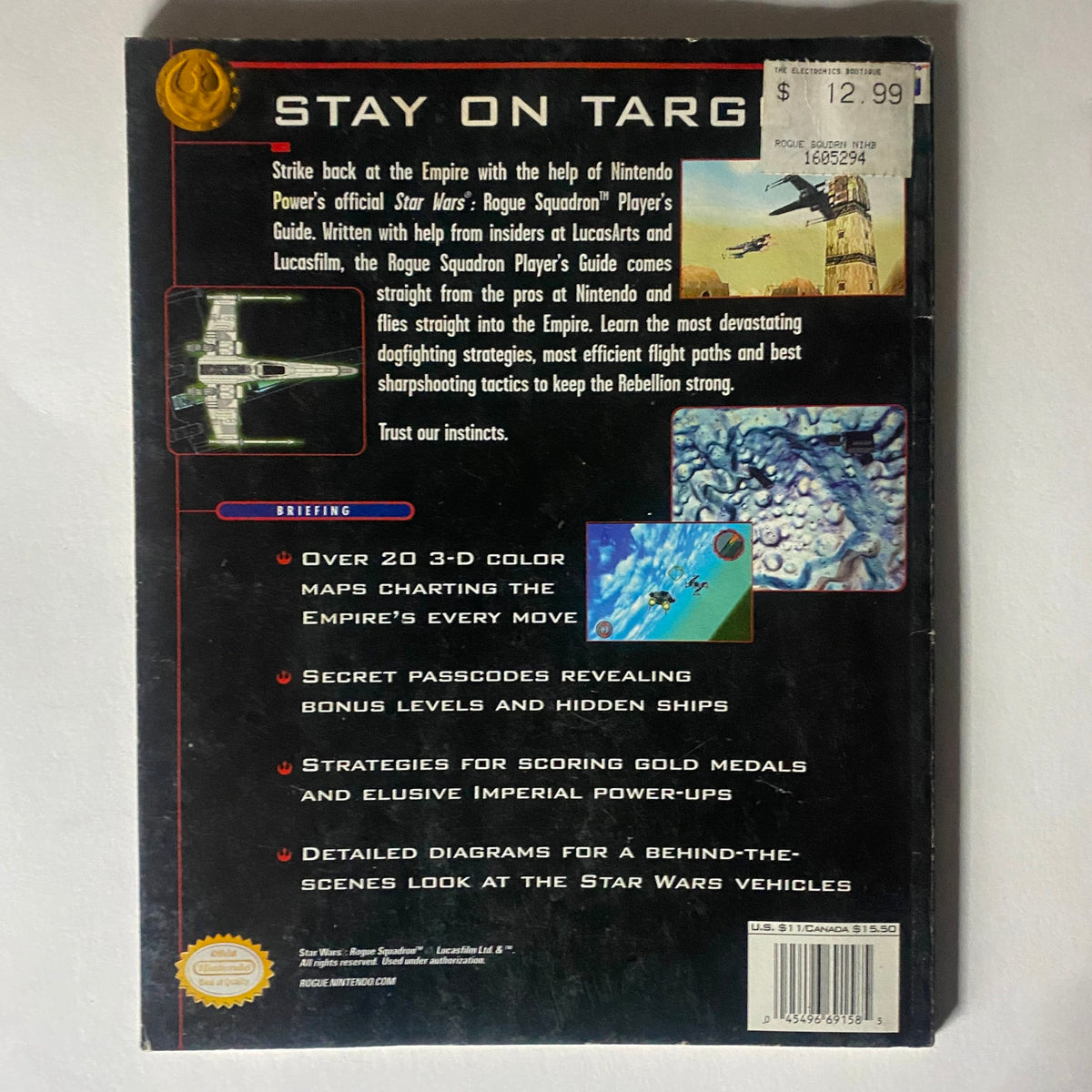 Back cover of the Nintendo Power Magazine 1998 Star Wars Rogue Squadron Guide, showcasing game strategies, maps, and tips for navigating the Empire in Star Wars: Rogue Squadron.