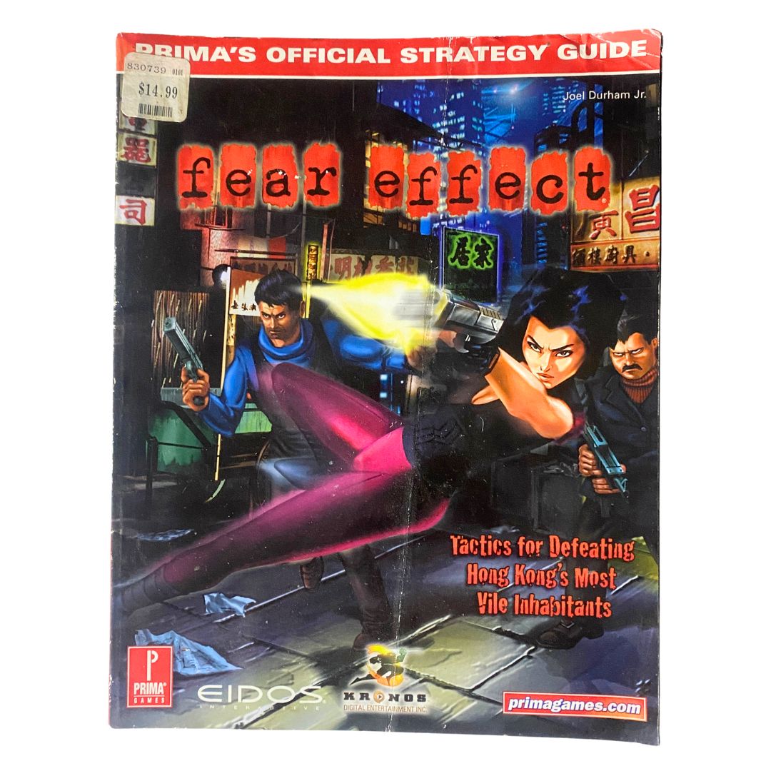 Cover of Prima's Official Strategy Guide 1999 Fear Effect Tactics by Joel Durham Jr, featuring a character aiming a weapon in an urban setting with vibrant graphics.