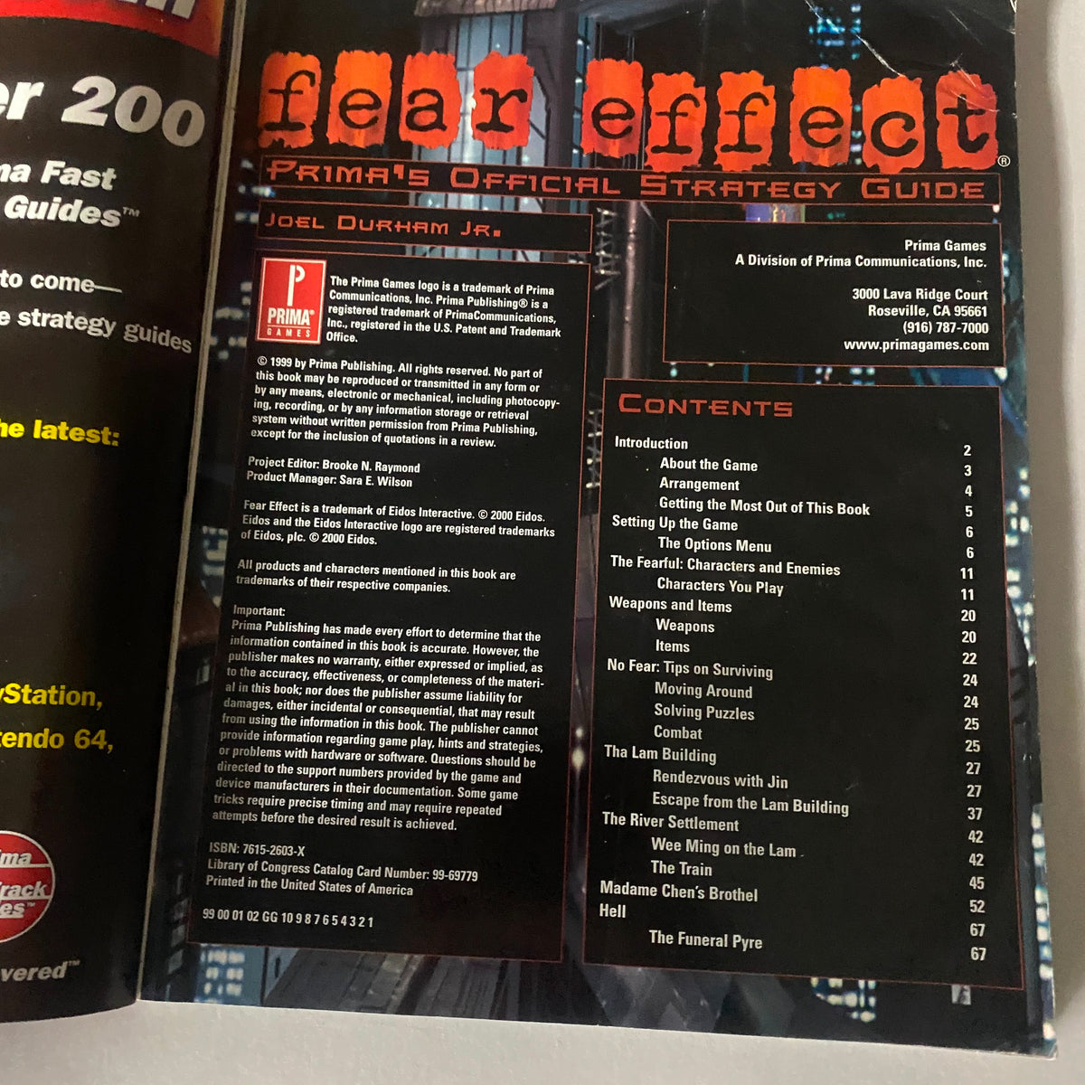 Inside page of Prima's Official Strategy Guide 1999 Fear Effect Tactics by Joel Durham Jr, displaying the table of contents and important information about the guide.