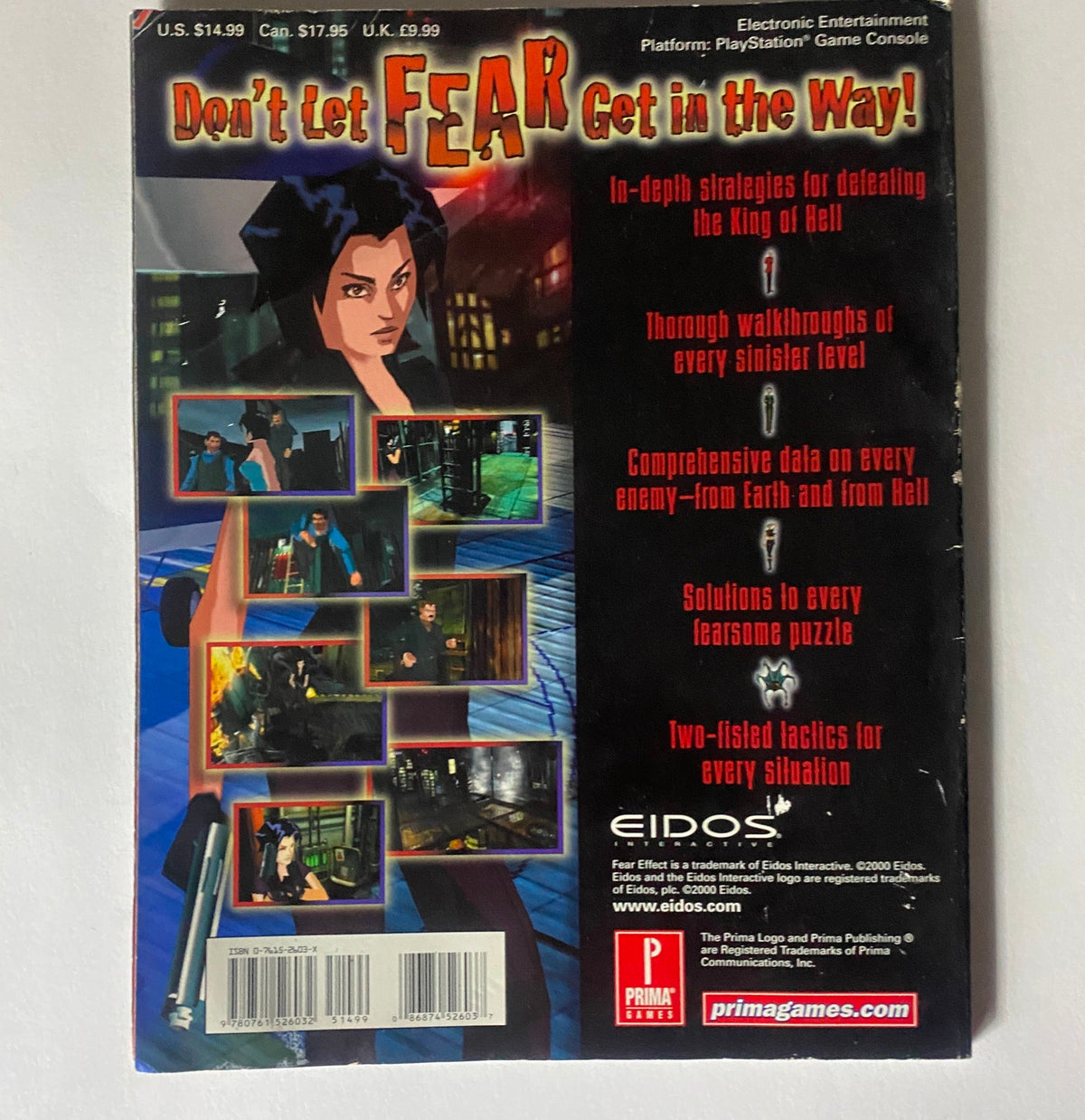 Back cover of Prima's Official Strategy Guide 1999 Fear Effect Tactics by Joel Durham Jr, highlighting features like thorough walkthroughs and strategies for overcoming challenges in the game.