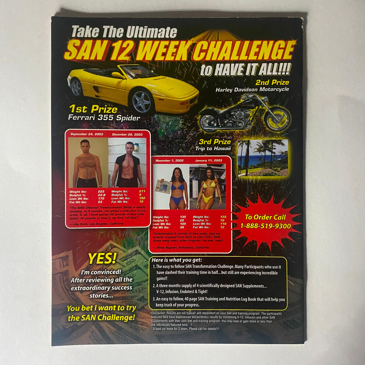 Interior page of Pumped Magazine 2004, promoting the SAN 12 Week Challenge with images of prizes including a Ferrari and a Harley Davidson.