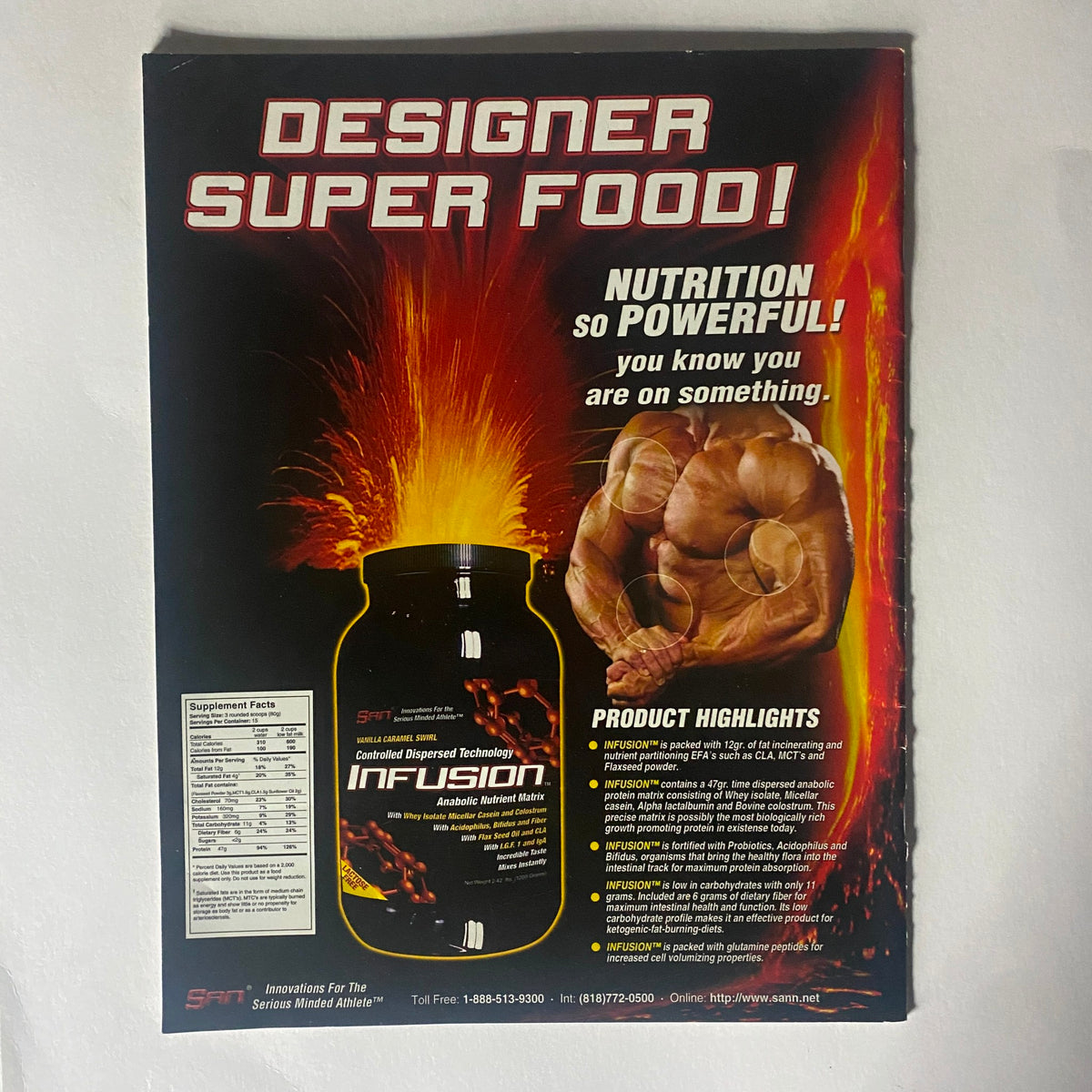 Back cover of Pumped Magazine Winter 2002 Issue 2 featuring an advertisement for 'Designer Super Food' nutritional supplement, emphasizing the importance of nutrition in bodybuilding.