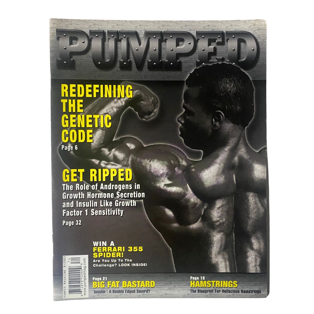 Cover of Pumped Magazine August 2003 titled 'Redefining The Genetic Code', featuring a muscular man showcasing strength with the magazine's main articles listed, appealing to collectors and fitness enthusiasts.