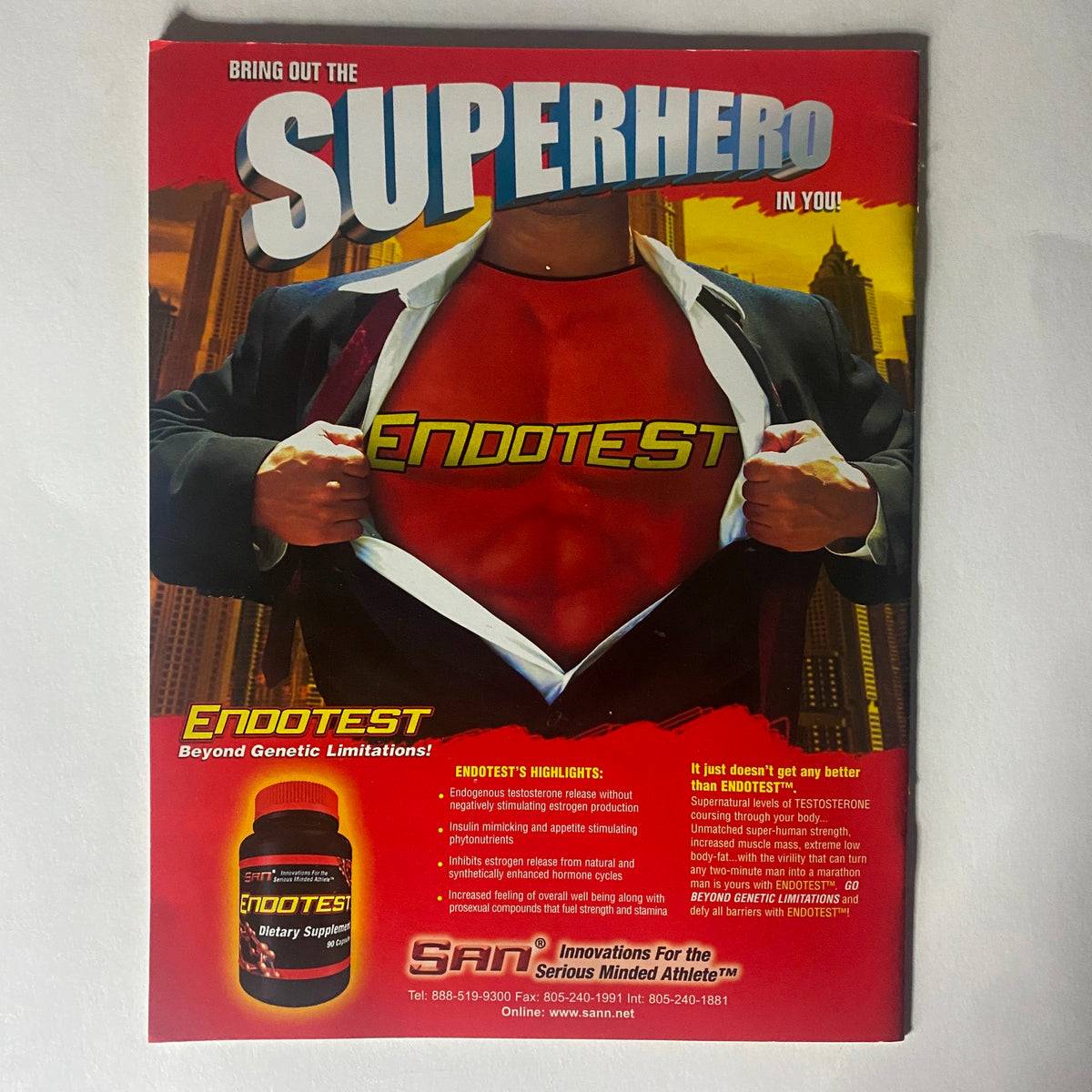 Pumped Magazine August 2003 Redefining The Genetic Code - An advertisement featuring a muscular figure revealing a superhero-themed shirt that says 'ENDOTEST', promoting the supplement with the slogan 'Bring Out The Superhero In You'.