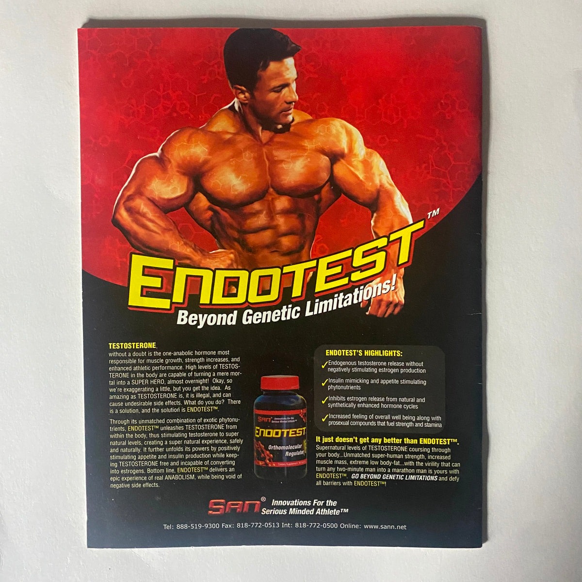 Pumped Magazine Spring 2003 Vol 1 Issue 3 featuring a promotional advertisement for Endotest, showcasing a muscular athlete emphasizing fitness and bodybuilding.