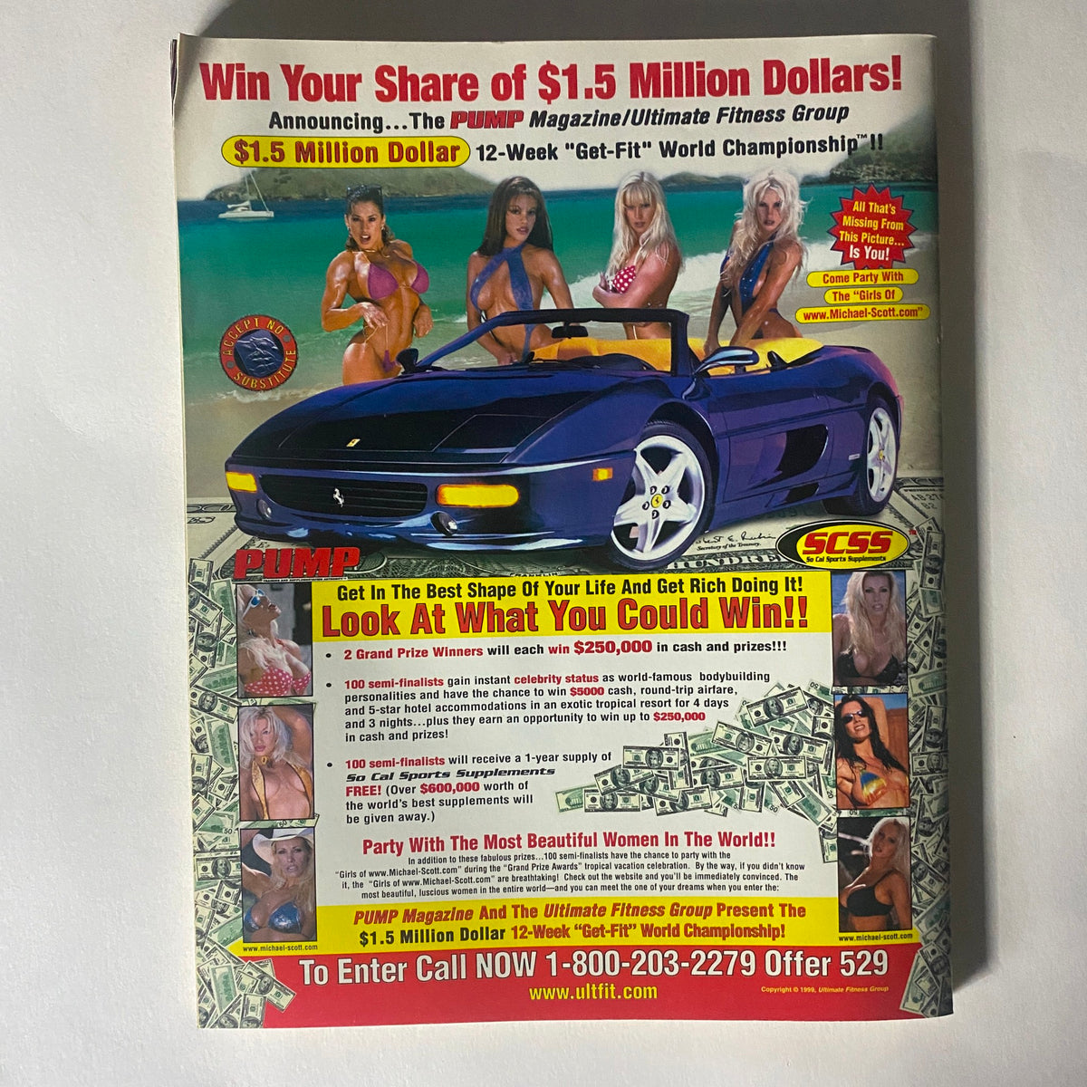 Back cover of Pump Magazine May June 1999 promoting the $1.5 million dollar fitness contest, featuring models beside a blue sports car and various cash prizes.