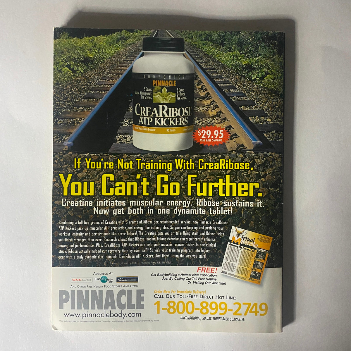 Back cover of Pump Magazine October November 2000 advertising Pinnacle CreaRibose, a dietary supplement for fitness enthusiasts.