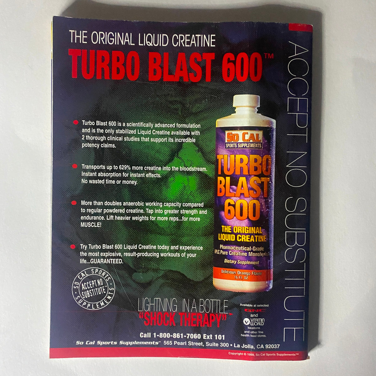 Advertisement for Turbo Blast 600, a liquid creatine supplement from So Cal Sports Supplements, with information on its benefits for workout performance, featured in Pump Magazine November December 1998.