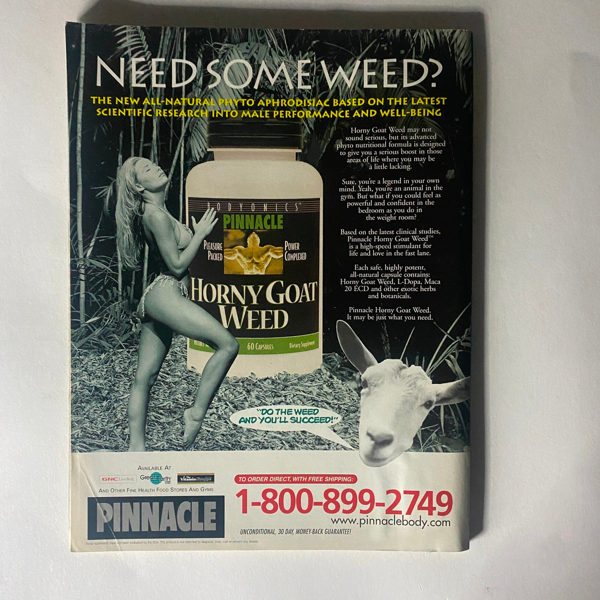 Advertisement from Pump Magazine July 2000 promoting Pinnacle's Horny Goat Weed supplement for male performance and wellbeing.