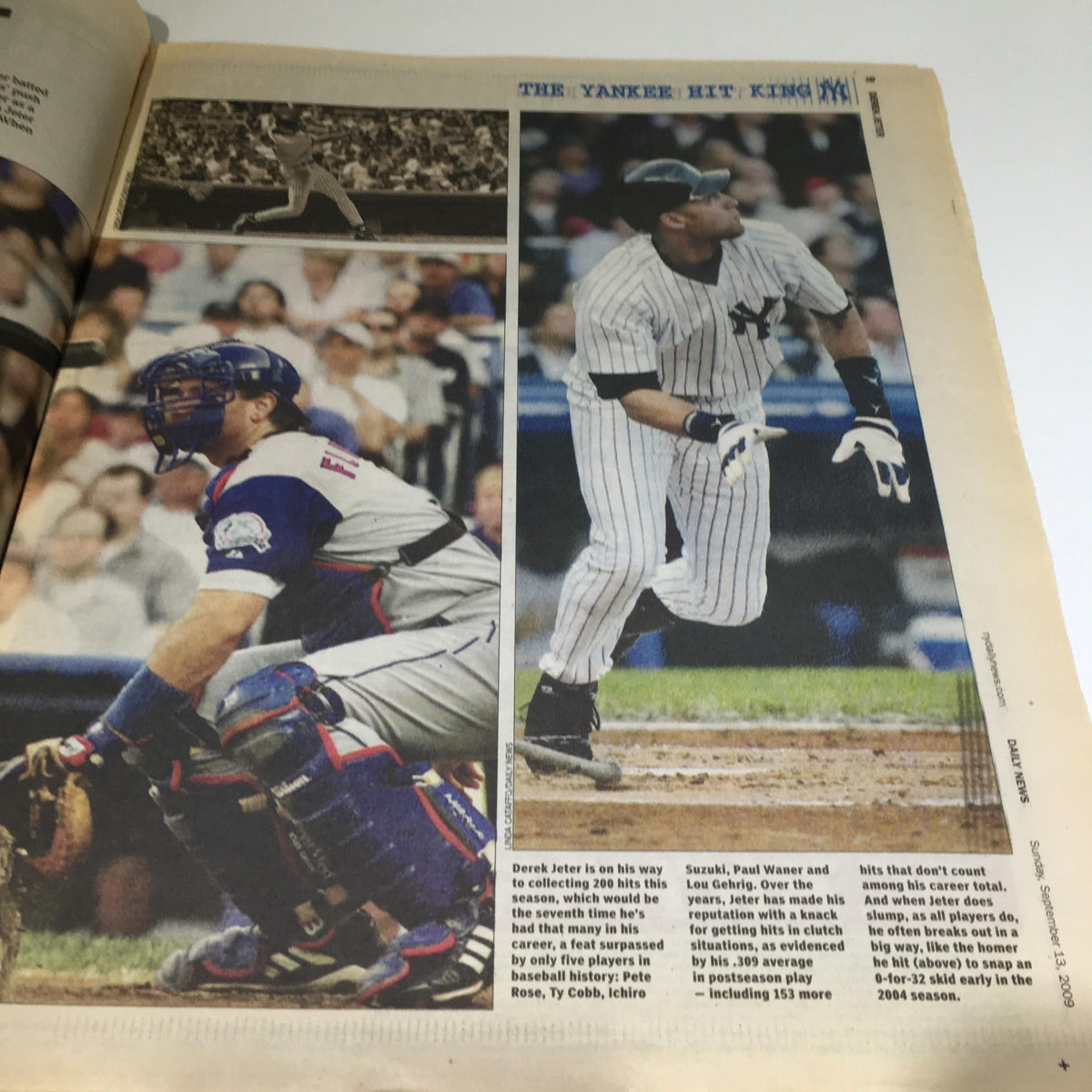 Image from NY Daily News titled 'The King, The Hit, Hot Bat, Early Years Derek Jeter', displaying Derek Jeter alongside various player statistics and highlights of his career.