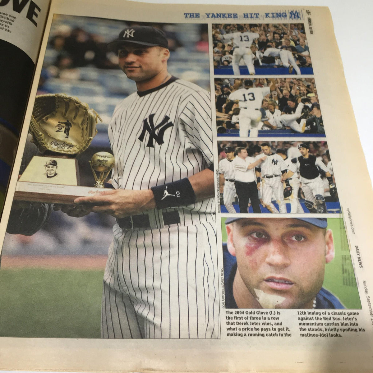 Image from NY Daily News titled 'The King, The Hit, Hot Bat, Early Years Derek Jeter', portraying Derek Jeter holding a Golden Glove award, showcasing his significant contributions to the Yankees.