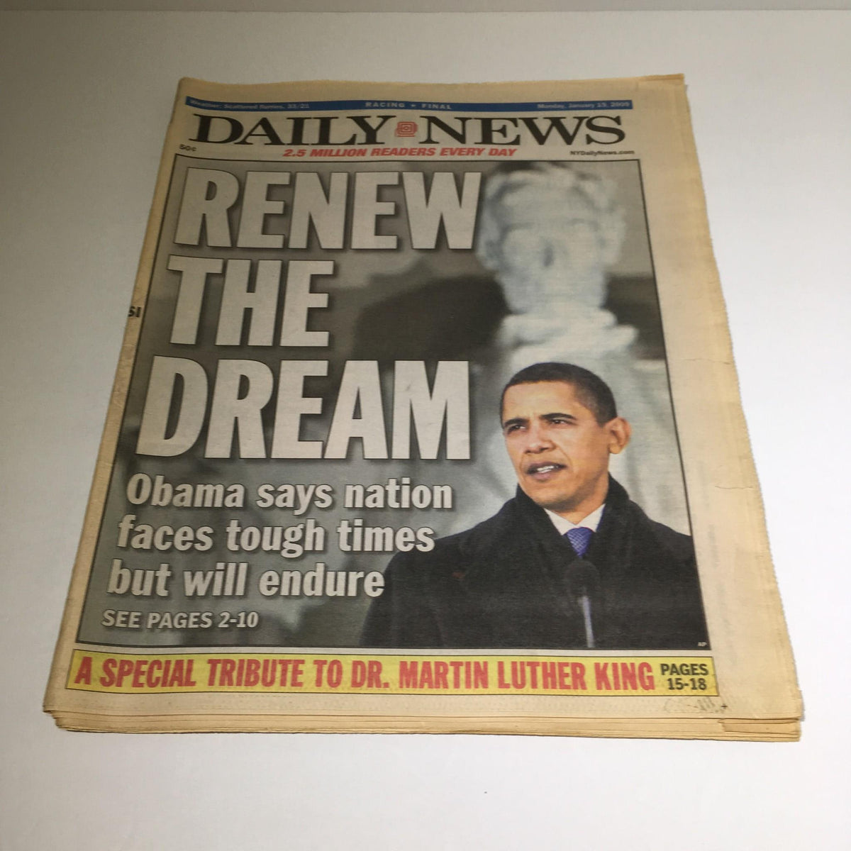 NY Daily News front page from January 19, 2009, featuring the headline 'Obama Says Nation Faces Tough Times But Will Endure' alongside an image of President Obama delivering a speech, highlighting themes of hope and resilience during his early presidency.