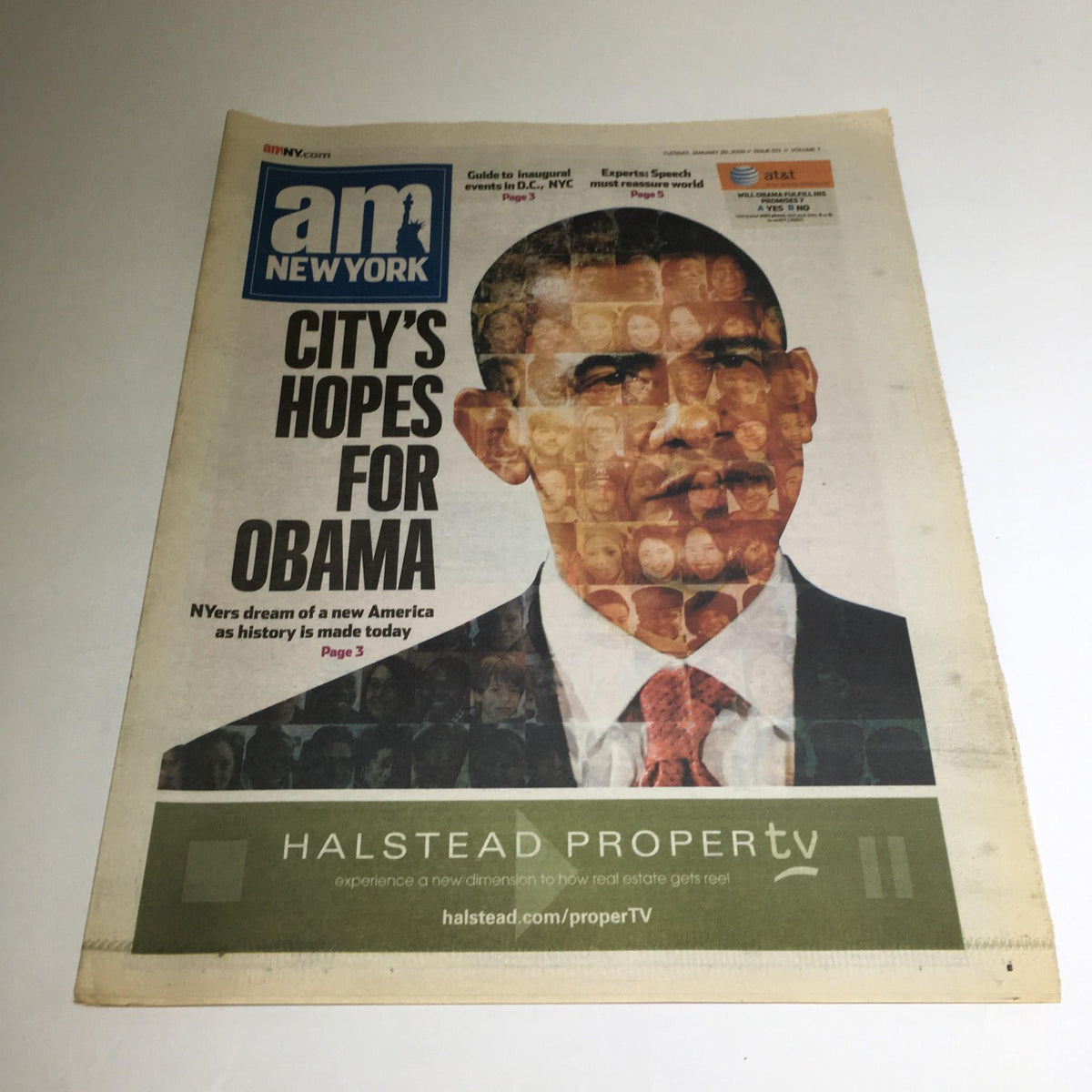 AM New York newspaper dated January 20, 2009, featuring the headline 'City's Hopes For Obama', highlighting the public's aspirations for the new president with a collage of faces.